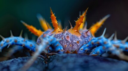  A tight shot of a blue-yellow plant with spiked posterior, surrounded by other vegetation in the background