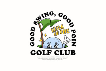 golf ball retro cartoon character mascot illustration being in the golf hole and giving a thumbs up with hole in one text for golf club and tournament mascots and merchandise