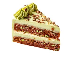 Delicious slice of pistachio cake layered with creamy frosting and topped with crushed nuts, perfect for dessert lovers.