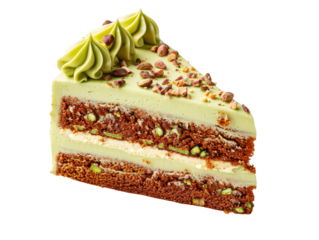 Delicious slice of pistachio cake layered with creamy frosting and topped with crushed nuts, perfect for dessert lovers.