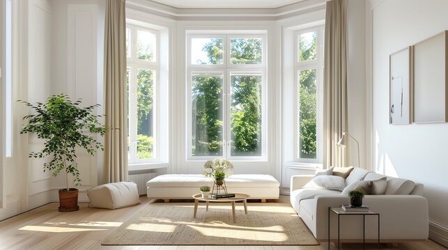 A bright living room with refurbished bay windows and comfortable seating