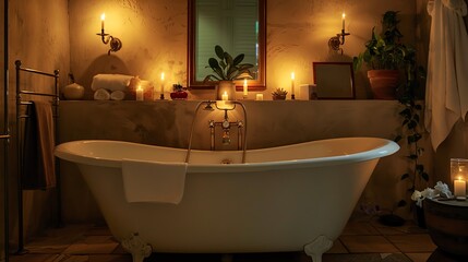 A cozy bathroom with refurbished freestanding tub and warm lighting