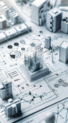 3D Flat Icon Overhead View of Company with Workflow Charts and Tech Overlay for Streamlined Business Integration