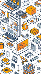 Obraz premium 3D Flat Icon: Corporate Office with Digital Solutions Tech Overlay for Workflow Management, Copy Space, Double Exposure on White Background