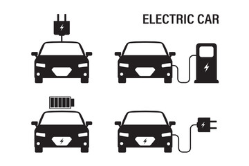 Set of electric car with plug on charging station. Collection of black auto icon symbols. Hybrid vehicles charging point logotype, eco friendly auto concept. ecological transport