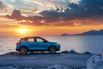 Blue compact SUV car with sport and modern design parked on concrete road by the sea at sunset....