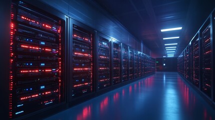 Modern Data Center with Illuminated Server Racks