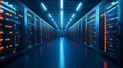 Obraz premium Modern Data Center with LED-Lit Server Racks