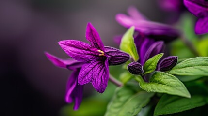  A tight shot of a purple bloom against a backdrop of blurred greenery, with green leafy plants in the foreground