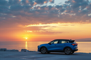 Blue compact SUV car with sport and modern design parked on concrete road by the sea at sunset. Environmentally friendly technology. Business success concept. 