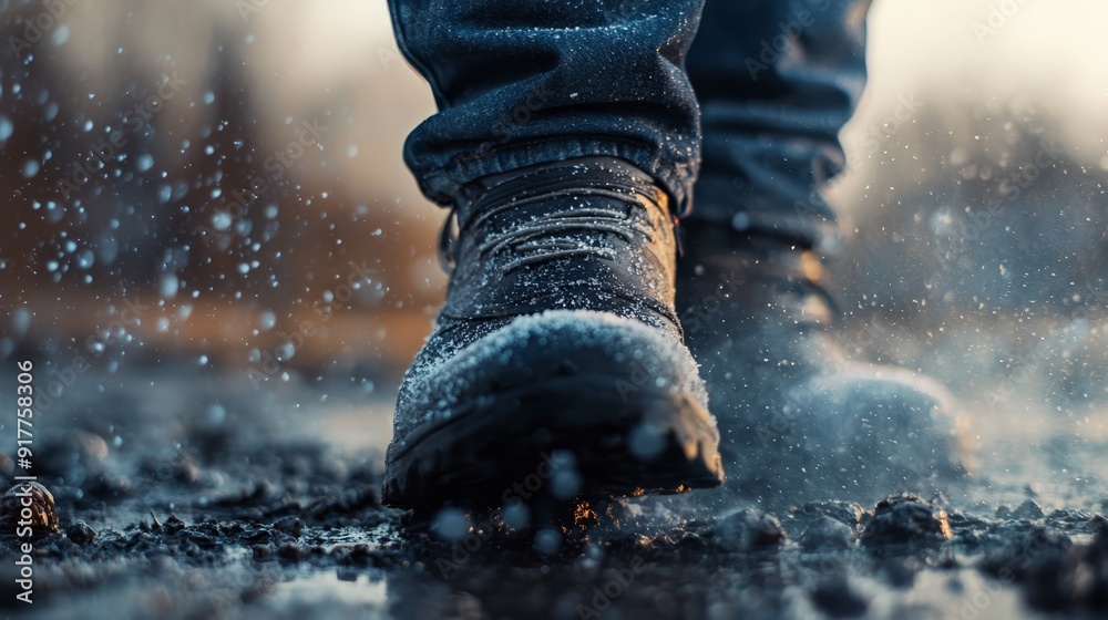 Wall mural a tight shot of rain-soaked feet in hiking boots