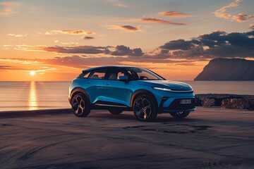 Blue compact SUV car with sport and modern design parked on concrete road by the sea at sunset. Environmentally friendly technology. Business success concept. 