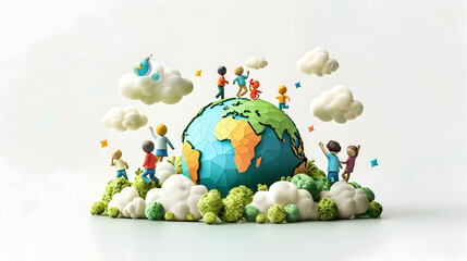 3D Flat Icon: People with Earth and Climate Change Project Plans   Creative Innovation for Environmental Awareness   Isolated White Background