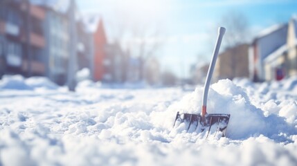 Shoveling snow outdoors on sunny winter day. Neural network ai generated art