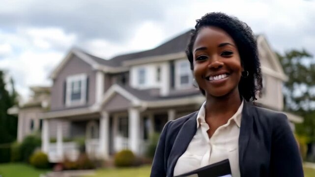 Realtor Black woman in front of a big beautiful house, holding a folder of documents and smiling. Relocation, modern house purchase concept
