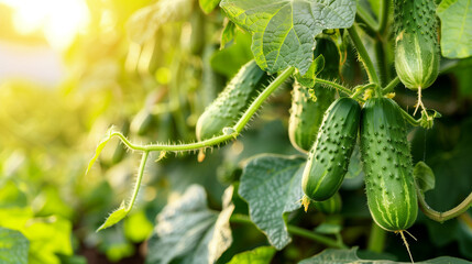 Close up of a green rough cucumber bunch growing on a vine tree in the vegetable garden. 