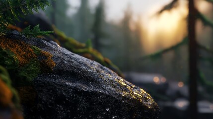  A tight shot of a rock, heavily covered in moss, with a car in the distance behind it