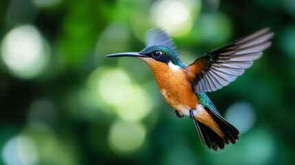 Obraz premium A vibrant bird in flight against a backdrop of trees with a blurred foreground, and overlapping leaves subtly out of focus in the near distance