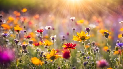 Obraz premium Colorful flower meadow with sunbeams and bokeh lights in summer - nature background banner with copy space - summer greeting card wildflowers spring concept