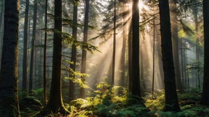 A breathtaking view of a dense, misty forest with sunlight filtering through the trees