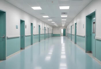 Obraz premium Hospital corridor in hospital. A long, empty hospital corridor with white walls, green trim, and a tiled blue floor. The corridor is well-lit by overhead fluorescent lights