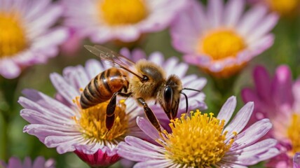 A close-up of a honeybee collecting nectar from a colorful flower, highlighting the beauty of nature