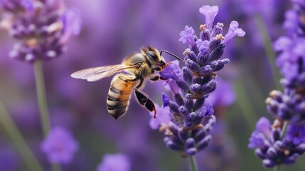 A bee hovering over a lavender flower, with a close-up view capturing the details of the bee and the flower rich purple color.