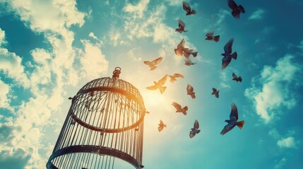A birdcage stands open, with birds in mid-flight, capturing the moment of newfound freedom.