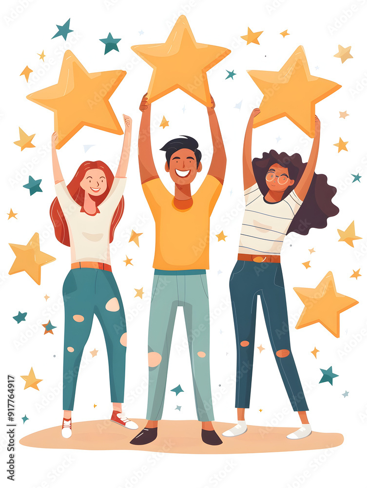 Poster a group of people holding floating performance reviews with joyful expressions set against a dreamy 