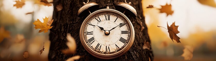 A vintage clock hanging on a tree in a serene autumn landscape, capturing the essence of time and nature's beauty.