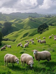 Fototapeta premium A herd of sheep grazed contentedly on the vibrant green slope.