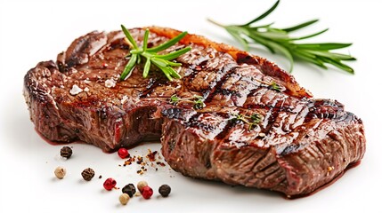 Succulent, grilled steak with spices on a white background.
