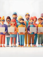 Fototapeta premium A group of people using glowing laptops with joyful expressions against a dreamy background concept for a productive and happy working environment.