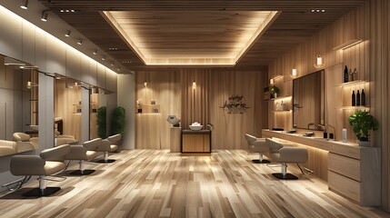 A sleek beauty salon interior with a contemporary design, showcasing modern hair styling equipment.