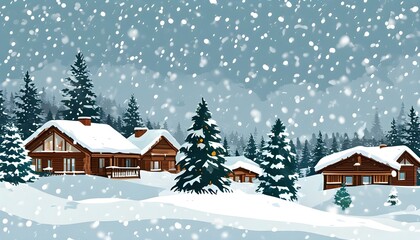 In the snowy winter mountainous area, wooden houses and pine trees dot the white snow, making it warm and peaceful.