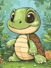 Fototapeta premium Cute Cartoon Turtle in a Lush Forest