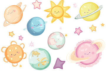 Vector Illustration of Cute Planets, Sun, and Stars in Pastel Kawaii Style on White Background, Perfect for Baby Room Decorations and Wallpaper Prints
