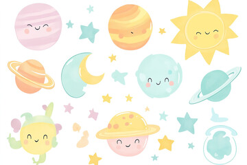 Vector Illustration of Cute Planets, Sun, and Stars in Pastel Kawaii Style on White Background, Perfect for Baby Room Decorations and Wallpaper Prints