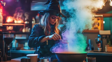 A witch brews a colorful potion in a magical, dimly lit kitchen, surrounded by mystical smoke and enchanting decor.