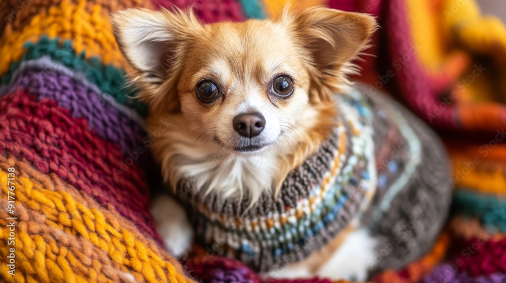 Poster a charming image of a small dog wearing a stylish sweater, sitting happily on a colorful blanket, wi