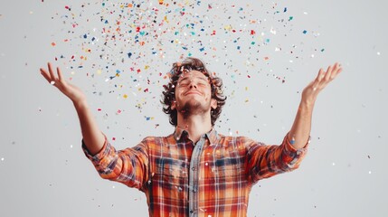 A man joyfully tosses colorful confetti into the air in celebration