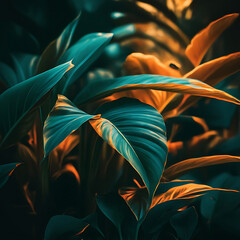 leaves colorful flower on dark tropical foliage nature background dark green foliage nature