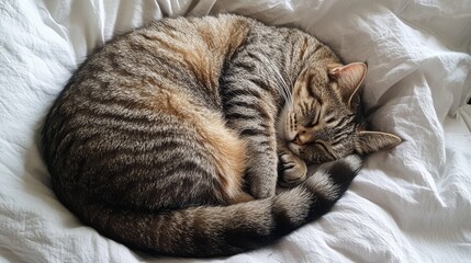 A chubby cat curled up in a tight ball on a bed, sleeping peacefully with its tail wrapped around its body