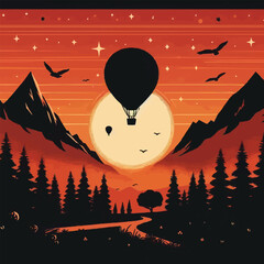 Free vector transportation hot air balloon silhouette. sunset palm tree and cloud