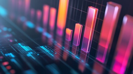 A close-up of a 3D bar chart with translucent bars, each representing different data sets, with gridlines and axis labels for a detailed and professional look.