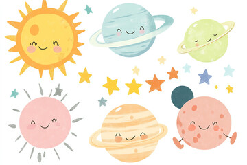 Vector Illustration of Adorable Planets, Sun, and Stars in Pastel Colors on a White Background, Featuring Kawaii Style. Ideal for Baby's Room Decor, Wallpaper Print, or Sticker Print, 