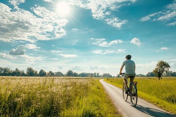 A cyclist enjoys a ride along a sunny path through lush countryside, surrounded by tall grasses and blue skies with scattered clouds.