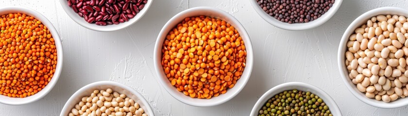A Rainbow of Legumes: A vibrant array of lentils and beans in white bowls, captured from above in a flat lay composition. Perfect for showcasing healthy eating, vegetarian diets, and global cuisine. 
