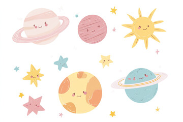 Vector Illustration of Adorable Planets, Sun, and Stars in Pastel Colors on a White Background, Featuring Kawaii Style. Ideal for Baby's Room Decor, Wallpaper Print, or Sticker Print, 