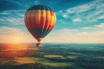 Fototapeta premium A colorful hot air balloon drifts peacefully over a vast, scenic landscape with rolling hills, under a clear blue sky during a bright day.